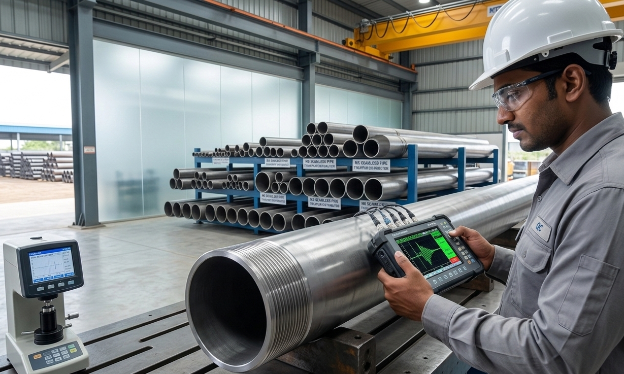 A stack of industrial grade MS Seamless Pipe in a Tiruppur warehouse ready for dispatch.