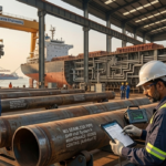 Black Build Tech engineer inspecting Mild Steel Pipe in Coimbatore for shipbuilding maintenance.