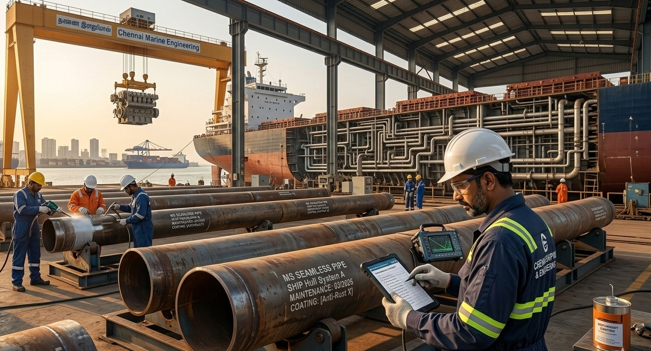 Black Build Tech engineer inspecting Mild Steel Pipe in Coimbatore for shipbuilding maintenance.
