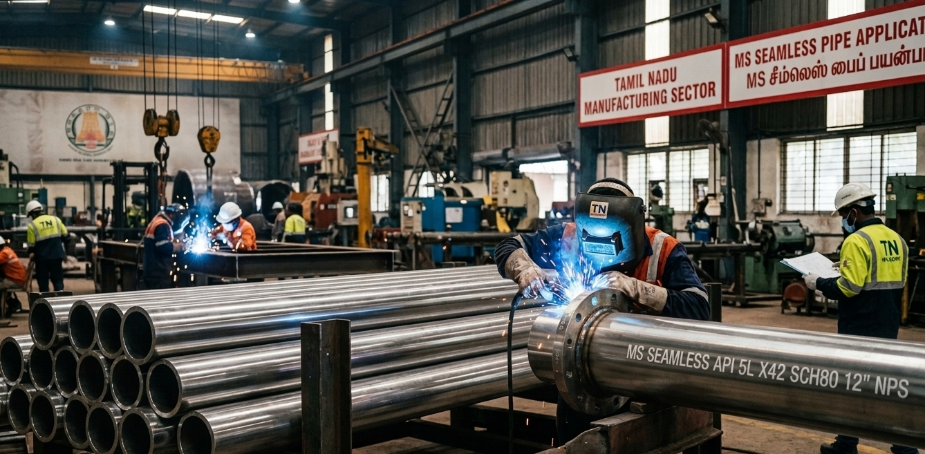 Industrial factory setup featuring Mild Steel Pipe in Tamilnadu supplied by Black Build Tech for Tamil Nadu manufacturing.