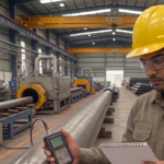 A close-up technical inspection of MS seamless pipe in madurai surface markings and heat numbers to verify material grade and IBR compliance in a Madurai facility.