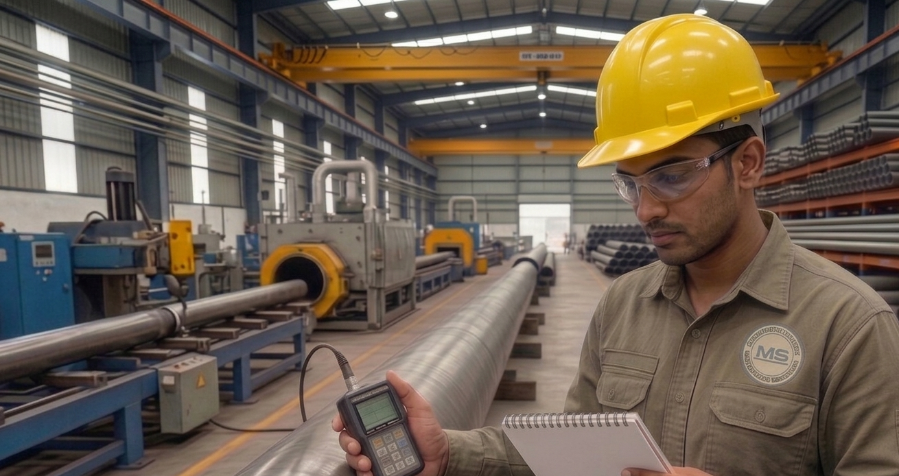 A close-up technical inspection of MS seamless pipe in madurai surface markings and heat numbers to verify material grade and IBR compliance in a Madurai facility.