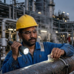 Technician fixing MS Seamless pipe in Salem at an industrial site using Black build tech safety standards
