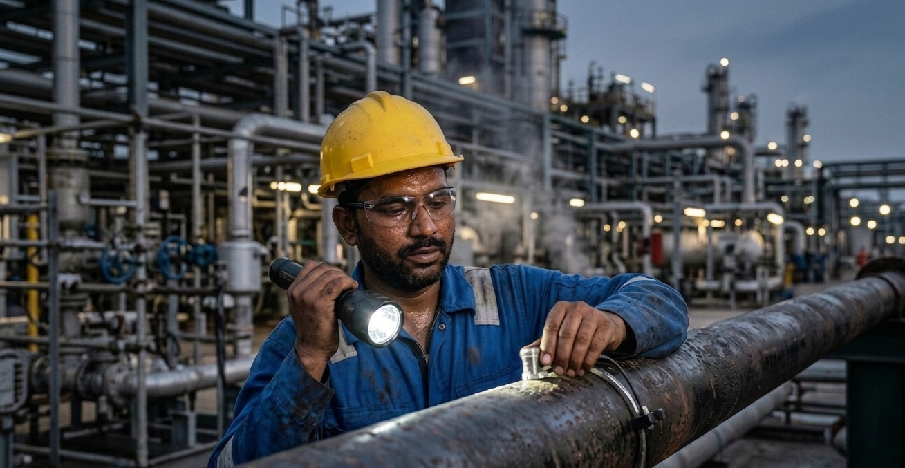 Technician fixing MS Seamless pipe in Salem at an industrial site using Black build tech safety standards