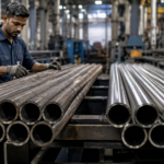 Industrial worker inspecting hot finished and cold drawn MS seamless pipes in a manufacturing warehouse – Black Buildtech