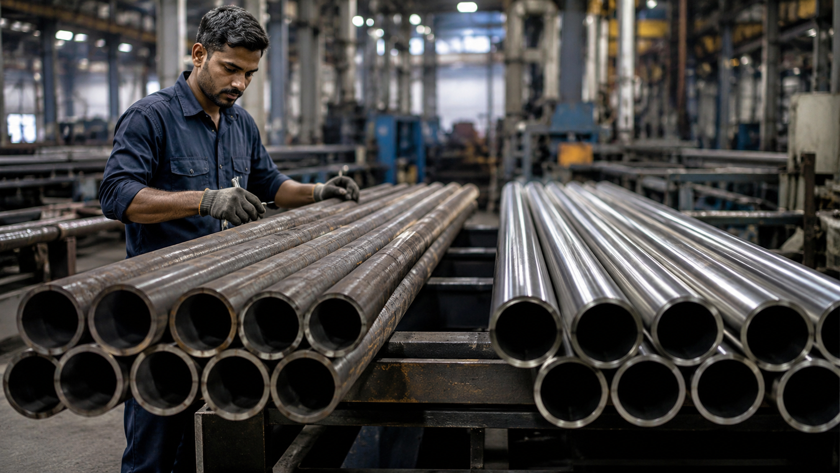 Industrial worker inspecting hot finished and cold drawn MS seamless pipes in a manufacturing warehouse – Black Buildtech