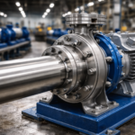 Black Buildtech mild steel seamless pipe connected to an industrial centrifugal pump in a modern factory workshop with metallic reflections and professional assembly setup.