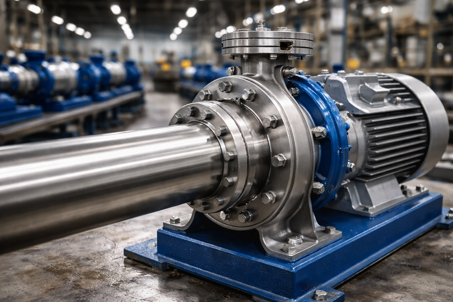 Black Buildtech mild steel seamless pipe connected to an industrial centrifugal pump in a modern factory workshop with metallic reflections and professional assembly setup.