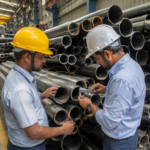 Two engineers inspecting MS seamless pipes in a bulk storage warehouse