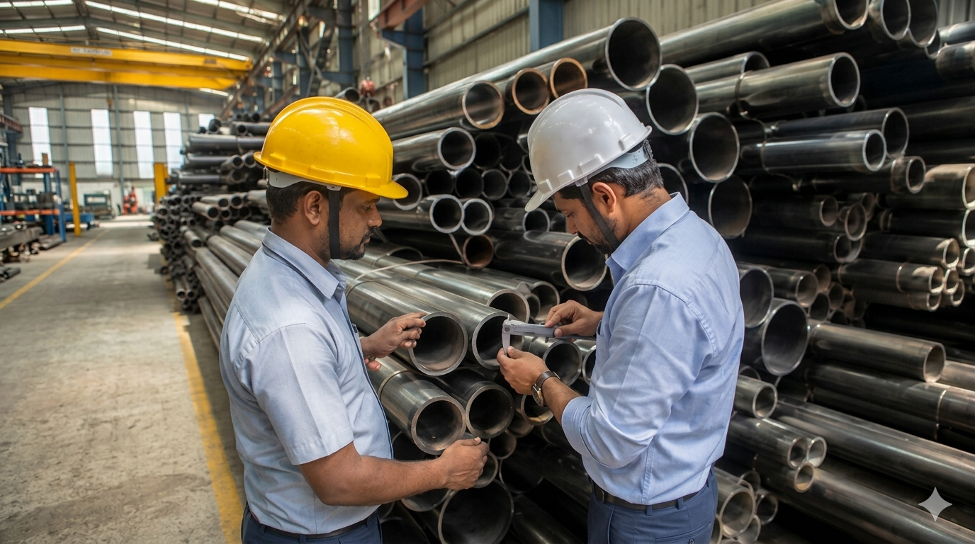 Two engineers inspecting MS seamless pipes in a bulk storage warehouse