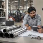 Industrial professionals evaluating mild steel pipes inside a modern warehouse with quality inspection tools, logistics operations, and steel inventory in the background.