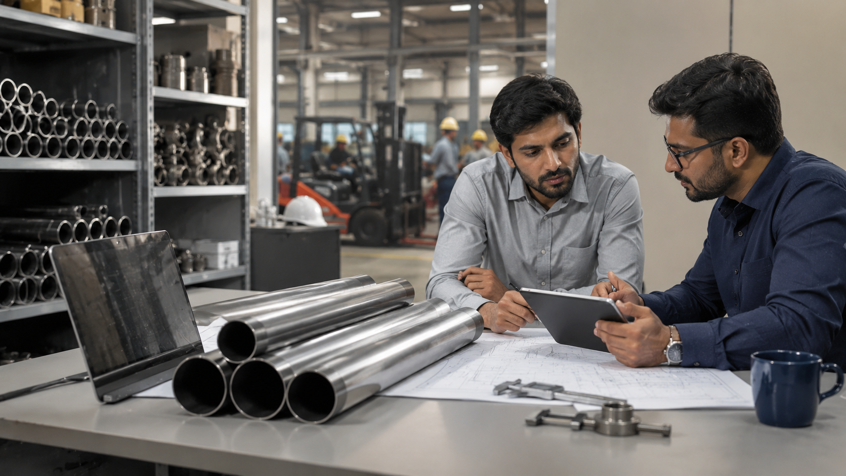 Industrial professionals evaluating mild steel pipes inside a modern warehouse with quality inspection tools, logistics operations, and steel inventory in the background.